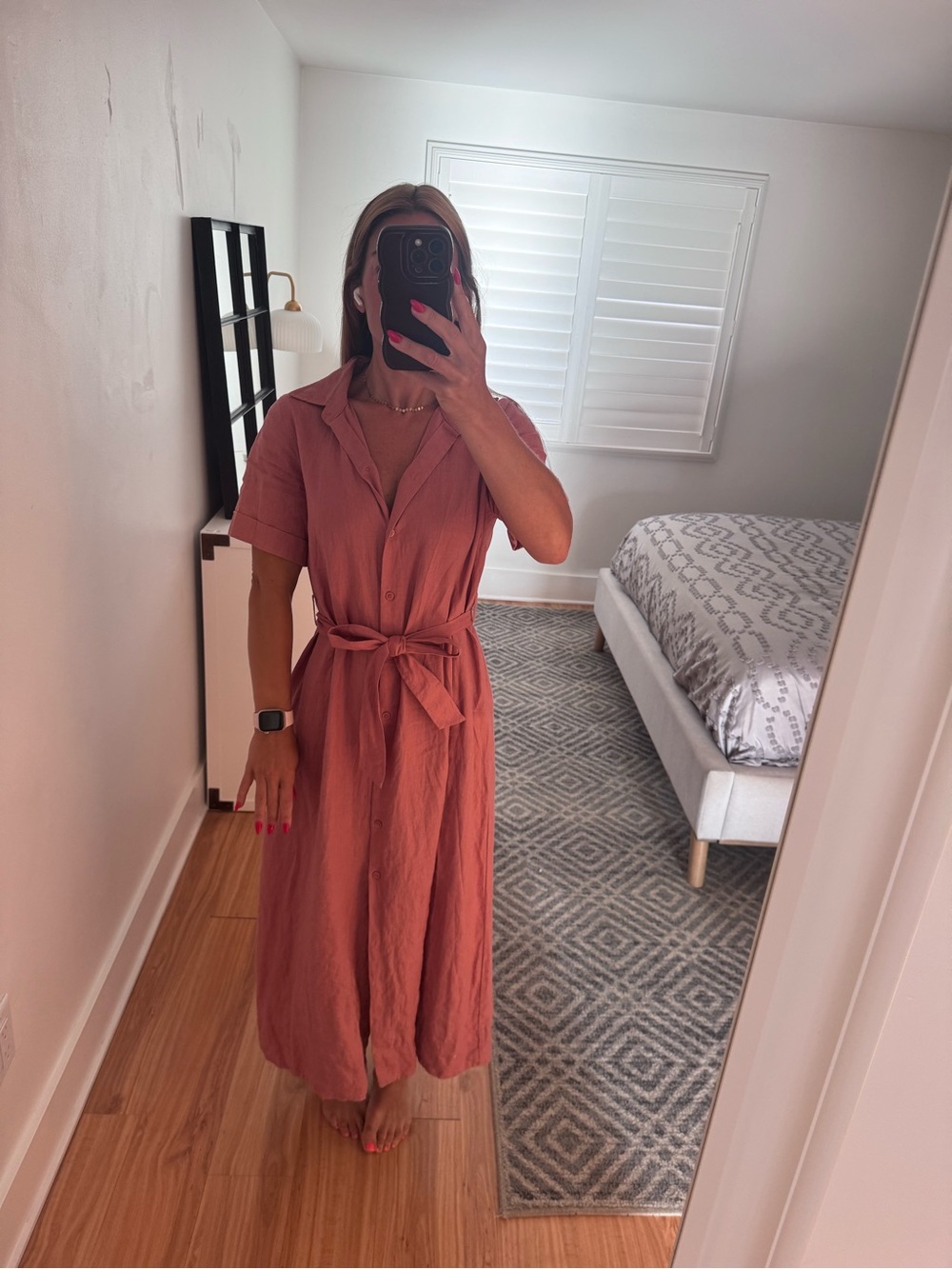 Wilfred Dusty Rose Button-Front Midi Dress with Waist Tie